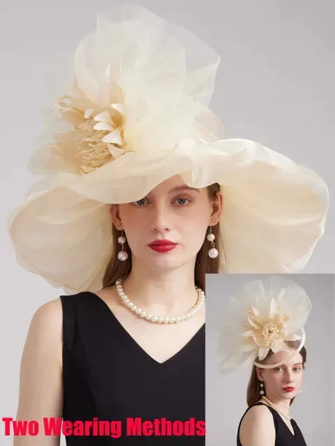 FS 2024 Female Kentucky Derby Hats For Women Organza Sun Sombrero With Mesh Flower Wedding Bride Church Cocktail Party Fedora